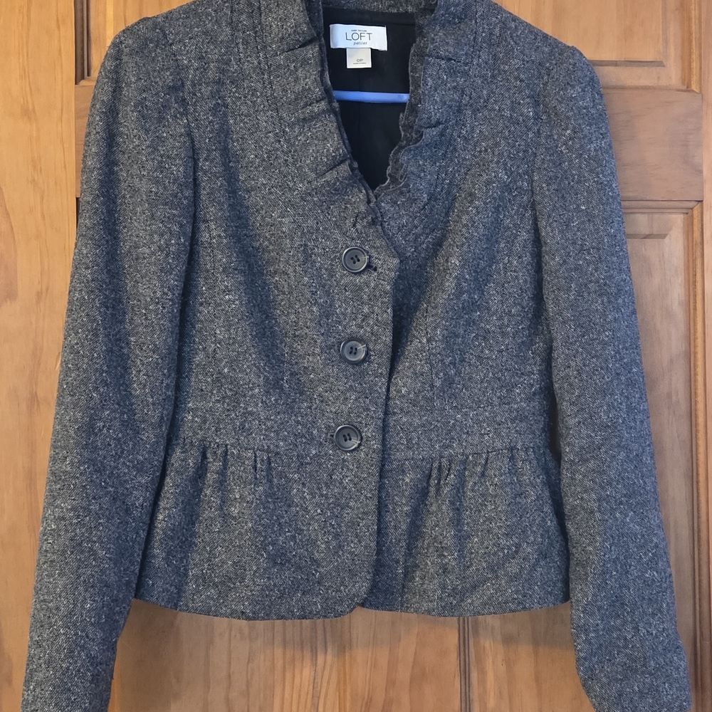 LOFT Wool Charcoal Ruffle-Trim Blazer